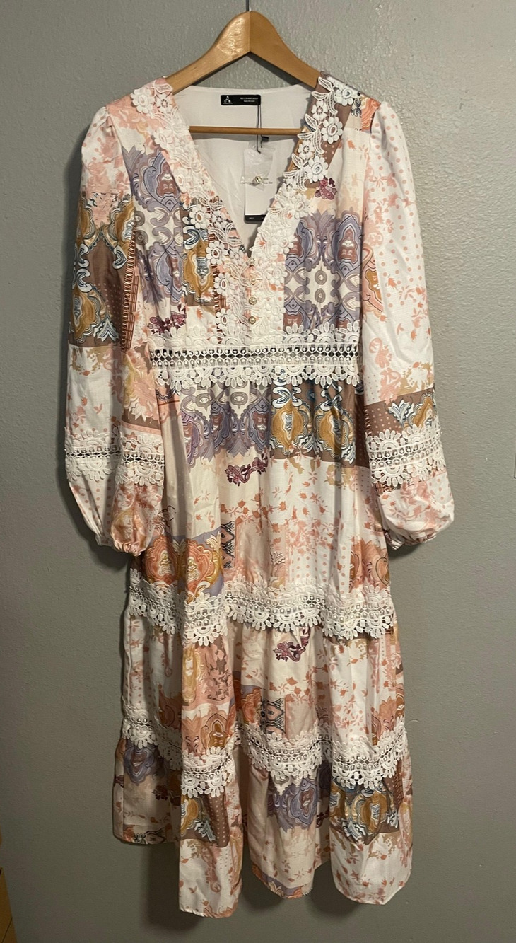 Anewsta Maxi Dress Womens Large Patchwork Crochet Lace Boho Long Sleeve NWT